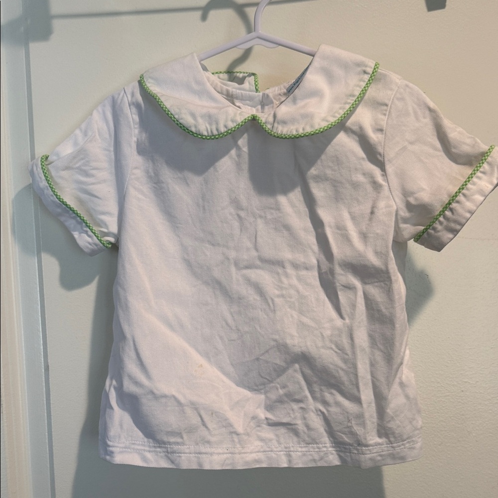 Girls' White Peter Pan Collar Tee with Green Trim